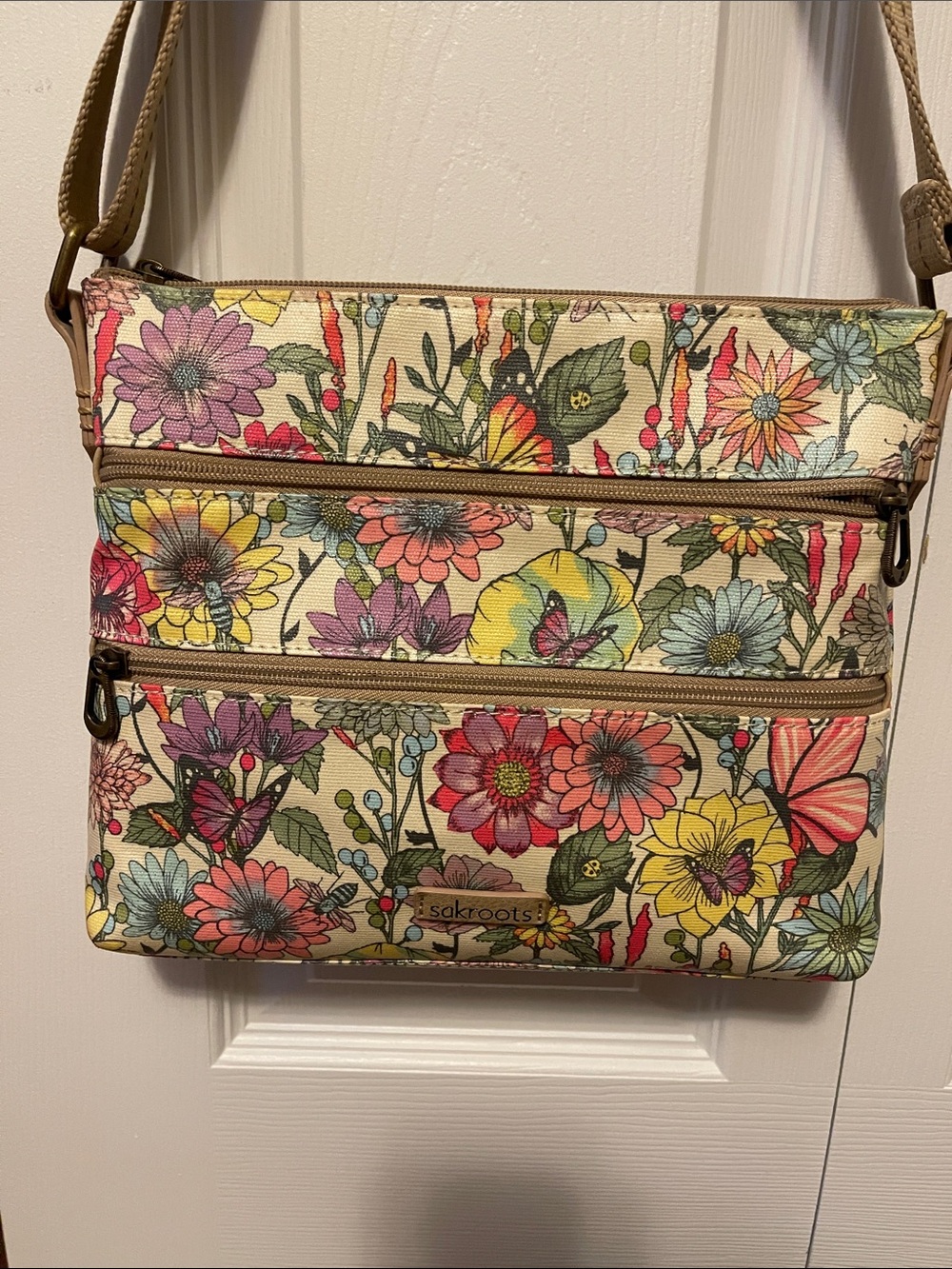 Sakroots Floral Crossbody Bag - Cream with Pink, Yellow & Green Accents